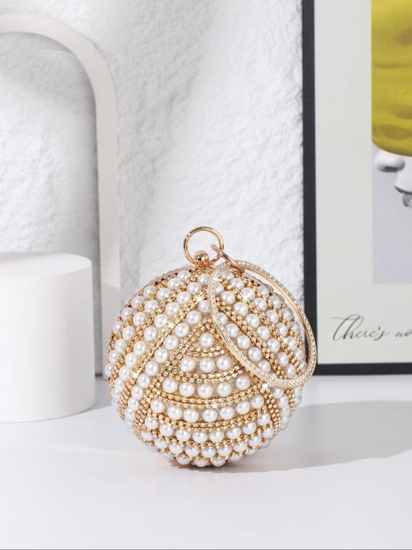 Women's Elegant Faux Pearl & Rhinestone Decorated Sphere Evening Bag, Exquisite Trendy Round Top Handle Handbag, Fashionable Bag for Party Decoration