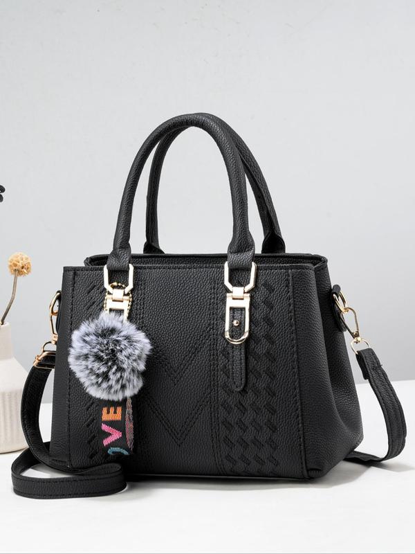 Women's 2024 PU Leather Plain Zipper Tote Bag, with Pom Pom Charm & Colorful Letters Wide Band, Retro Fashion Adjustable Strap Shoulder Bag