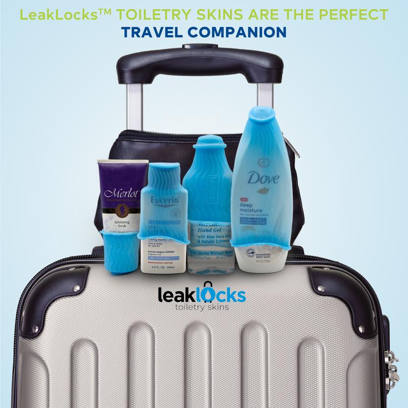 8 Pack LeakLocks Toiletry Skins Sleeves that Leak Proof Travel Containers in Luggage. For Standard & Travel Size Toiletries. Reusable Accessory