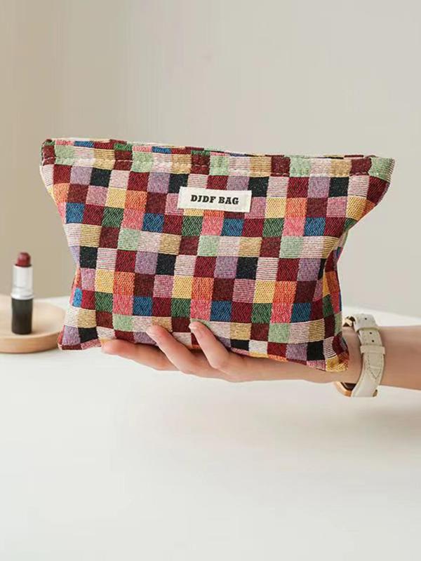 Women's Cute Plaid Pattern Makeup Bag, Minimalist Portable Cosmetic Storage Bag, Trendy Large Capacity Travel Makeup Bag for Women & Girls