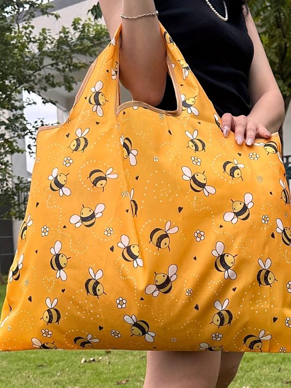 Cute Summer Cartoon Bee Pattern Shopping Bag, Large Capacity Portable Foldable Shoulder Bag for Women