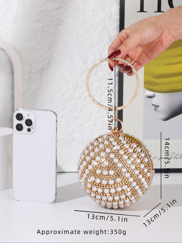 Women's Elegant Faux Pearl & Rhinestone Decorated Sphere Evening Bag, Exquisite Trendy Round Top Handle Handbag, Fashionable Bag for Party Decoration