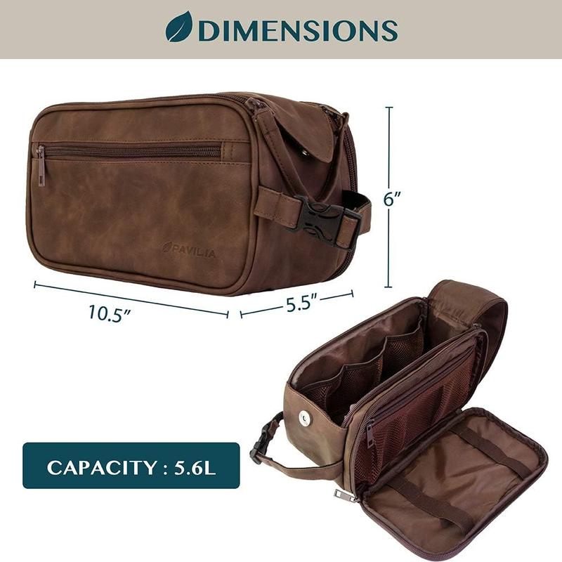 Toiletry Bag for Men, Travel Essentials Shaving Dopp Kit, Mens Travel Bag Toiletries Organizer Case for Grooming, PU Leather Water Resistant Cosmetic Bag Pouch (Dark Brown)