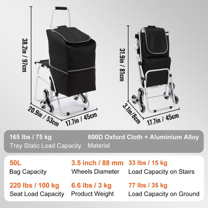 Stair Climbing Cart 50L Foldable Shopping Cart w  Waterproof Bag & Seat