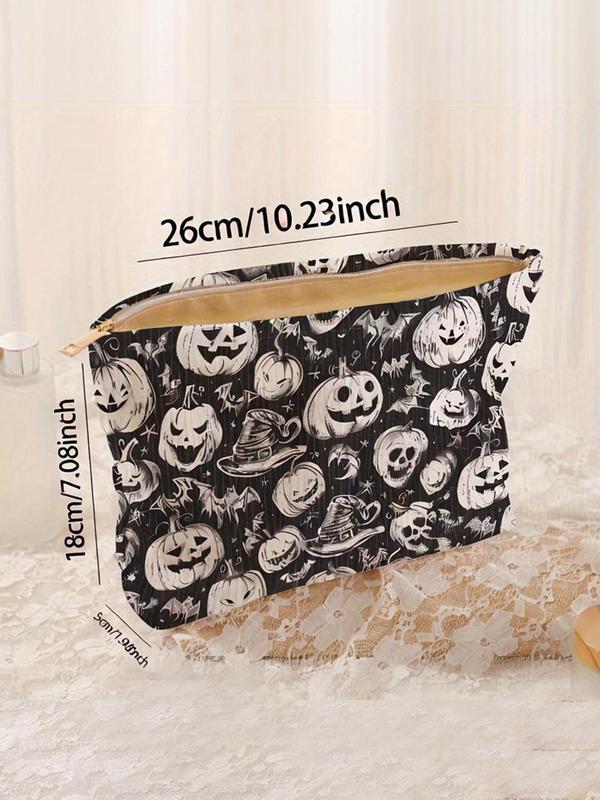 Pumpkin Pattern Makeup Bag, Casual Fashion Multi-functional Storage Bag, Halloween Themed Travel Makeup Bag, Suitable for Women & All Kinds Of Occasions