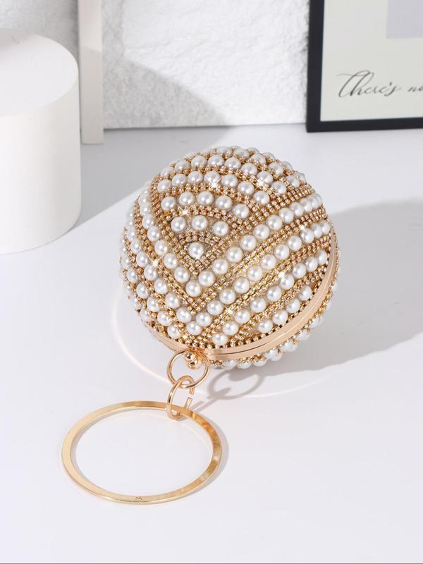 Women's Elegant Faux Pearl & Rhinestone Decorated Sphere Evening Bag, Exquisite Trendy Round Top Handle Handbag, Fashionable Bag for Party Decoration