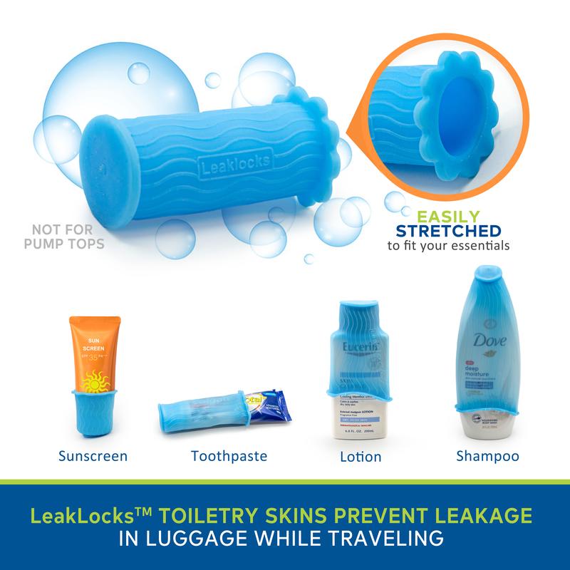 8 Pack LeakLocks Toiletry Skins Sleeves that Leak Proof Travel Containers in Luggage. For Standard & Travel Size Toiletries. Reusable Accessory