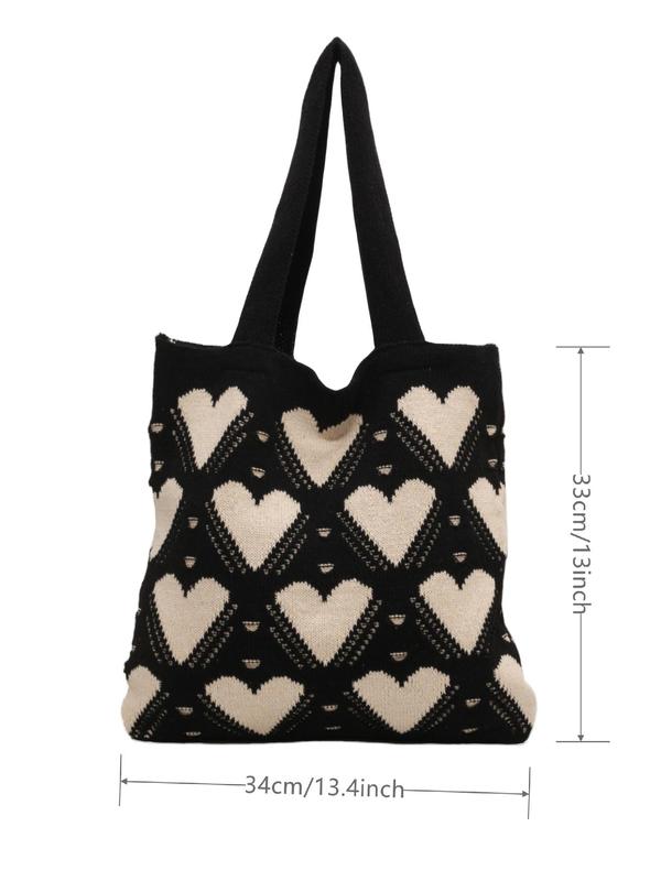 Women's Colorblock Heart Pattern Tote Bag, Fashionable Braid Design Shoulder Beach Bag for Daily Use