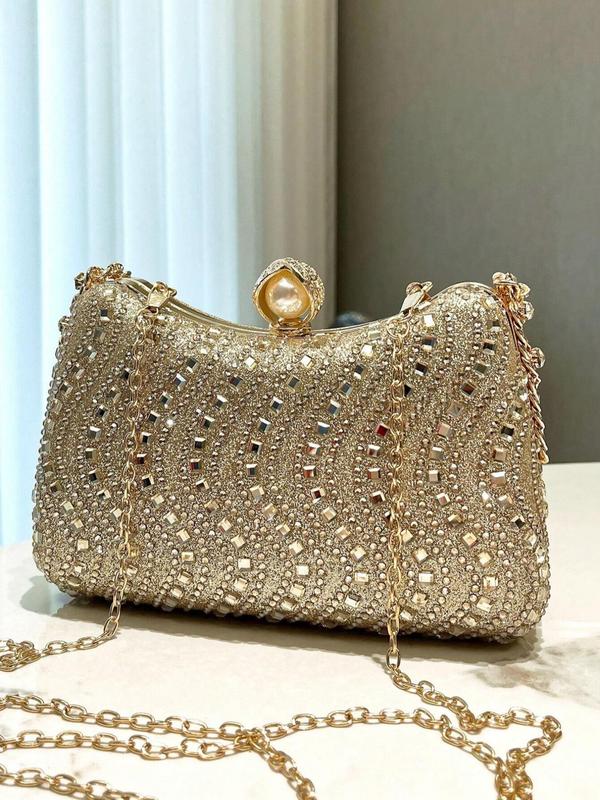 Women's Elegant Rhinestone Decorated Evening Bag, Exquisite Chain Strap Clutch Bag, Trendy Handbag for Party Decoration