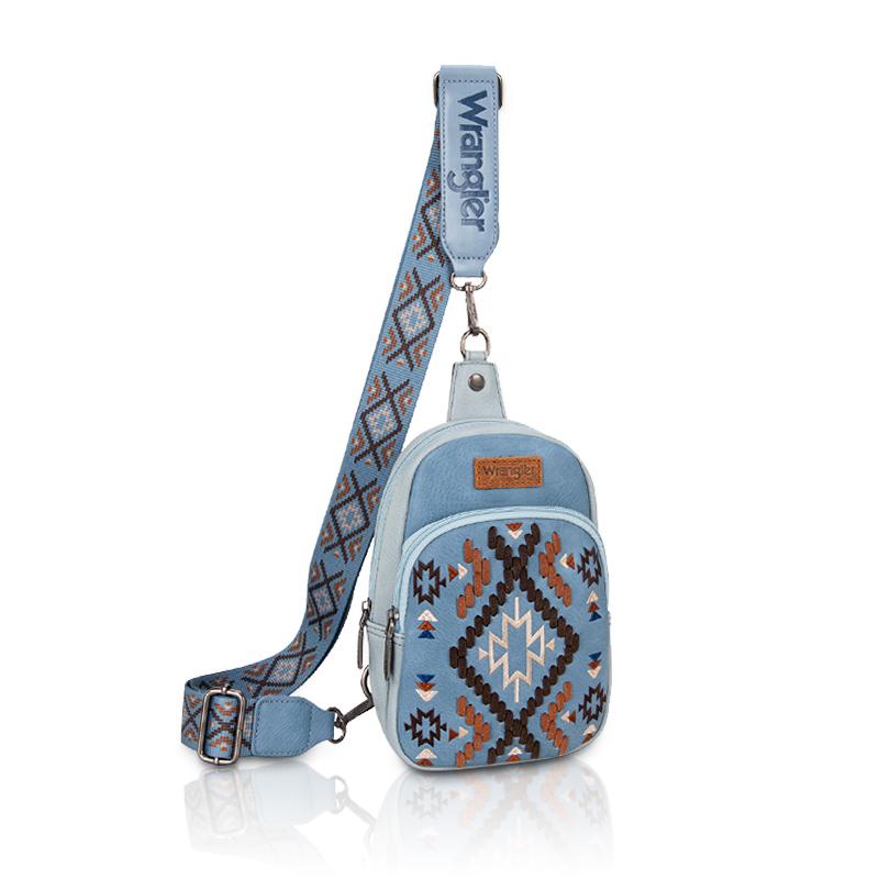 Wrangler Southwestern Pattern Embroidered Crossbody Sling Bag Travel Purse for Outdoors Hiking