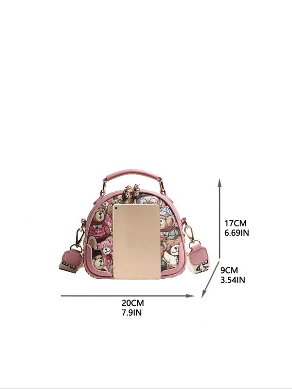 Women's Cute Cartoon Bear Pattern Crossbody Bag with Letters Pattern Strap,  Trendy Zipper Handbag for Daily Use, Casual Versatile Work Bag for Women & Girls