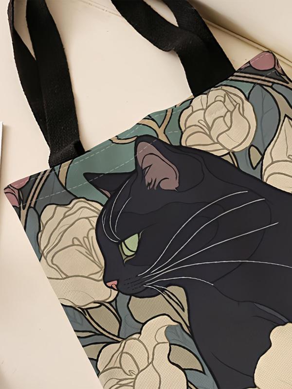 Cartoon Cat & Floral Pattern Tote Bag, Casual Shoulder Bag for Women & Girls, Vintage All-match Bag for Daily Life & Work