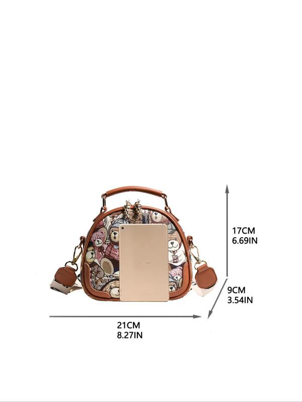 Women's Cute Cartoon Bear Pattern Crossbody Bag with Letters Pattern Strap,  Trendy Zipper Handbag for Daily Use, Casual Versatile Work Bag for Women & Girls