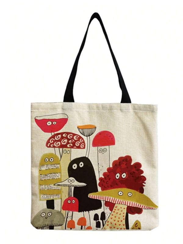 Cute Cartoon Mushroom Pattern Tote Bag, Reusable Shopping Bag, Large Capacity Multifunctional Storage Bag for Travel & Daily Commuting