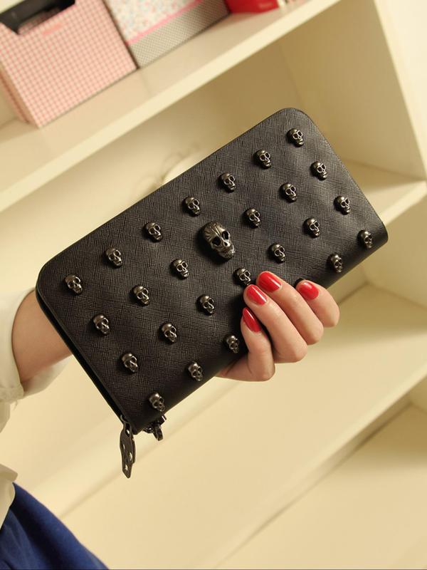 Women's Fashionable Skull Design Long Wallet, Casual Pu Leather Zipper Wallet with Security Pocket & Lanyard for Daily Used, Trendy Versatile High-quality Daily Wallet for Women