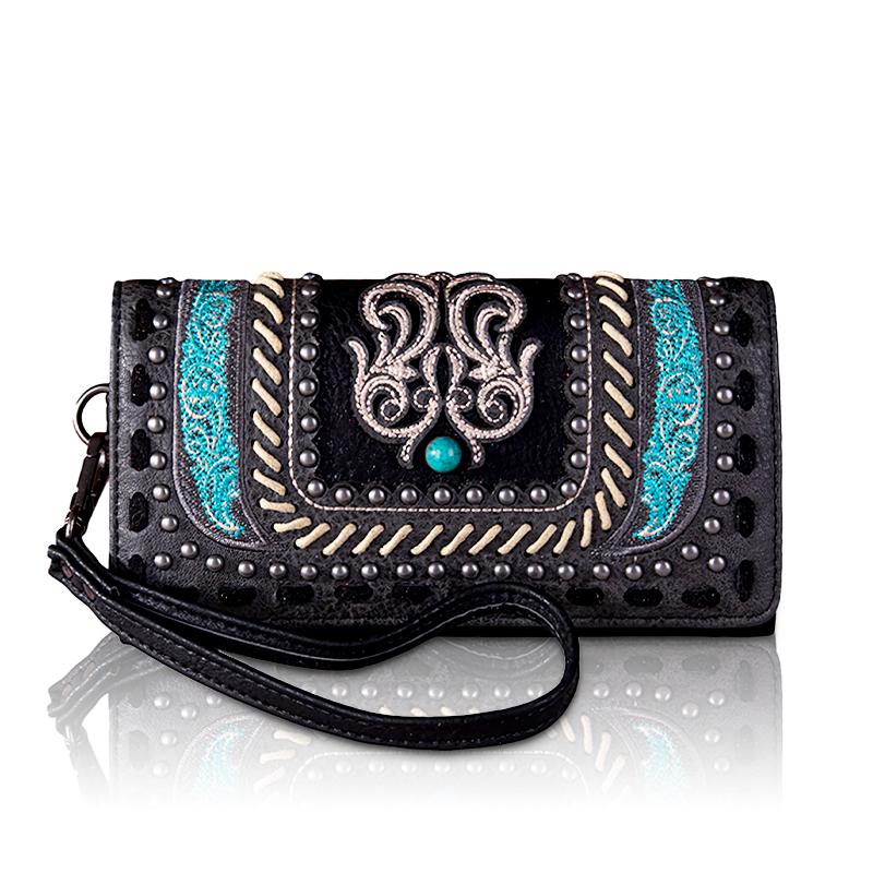 Montana West [MegaLive] Embroidered Women Wallet Snap-enclosed Wristlet Clutch with Multi Slots for Credit Cards Suitable for Dating Banquet