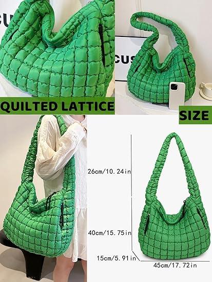 Womens' Lightweight Quilted Carryall GYM Tote Bag Puffer Crossbody Bag Soft Puffy Boho Handbags Big Capacity Purse Puffer Tote Bag Women Quilted Crossbody Bag Large Shoulder Puffy  Purse Cloud Bubble Gym Pleat Pad green chic half moon Women's Quilted