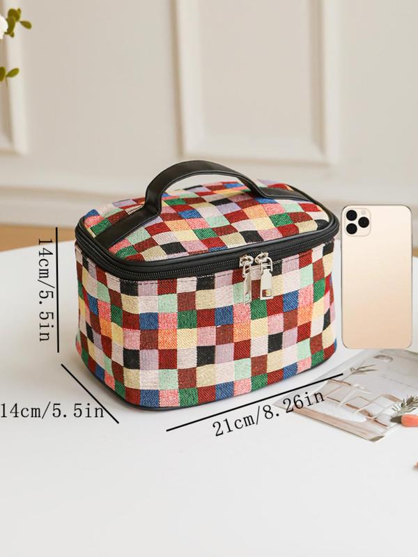 Women's Cute Plaid Pattern Makeup Bag, Minimalist Portable Cosmetic Storage Bag, Trendy Large Capacity Travel Makeup Bag for Women & Girls