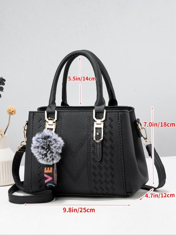 Women's 2024 PU Leather Plain Zipper Tote Bag, with Pom Pom Charm & Colorful Letters Wide Band, Retro Fashion Adjustable Strap Shoulder Bag