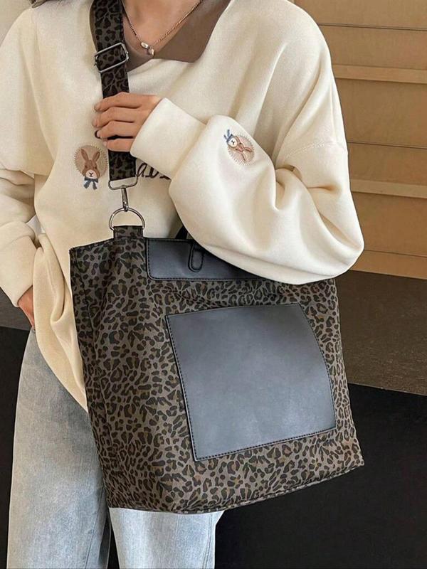 Women's Fashion Leopard Print Tote Bag, Casual Versatile Zipper Shoulder Bag for Daily Used, Trendy All-match Bag for Commuters and Students