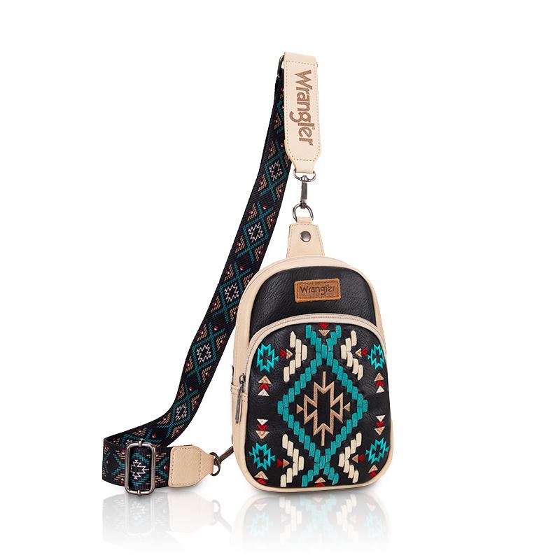 Wrangler Southwestern Pattern Embroidered Crossbody Sling Bag Travel Purse for Outdoors Hiking