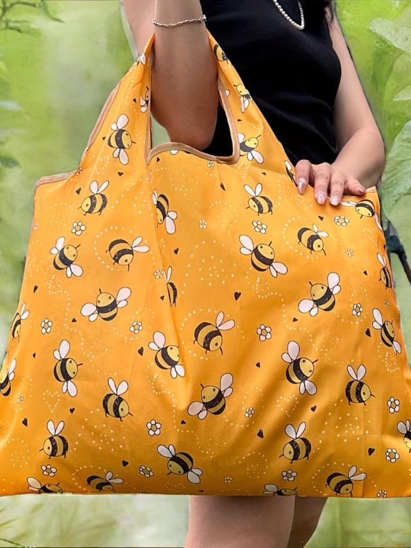 Cute Cartoon Bee Print Foldable Shopping Bag, 2024 New Style Large Capacity Shoulder Bag for Women & Men, Trendy All-match Bag for Daily Life & Work