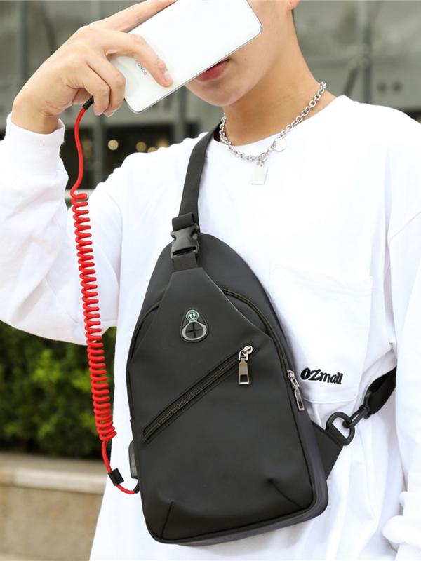 Men's Casual Plain Zipper Sling Bag, Waterproof Sporty Sling Bag with Earphone Port, Trendy Versatile for Daily Use for Men for Outdoor Activities