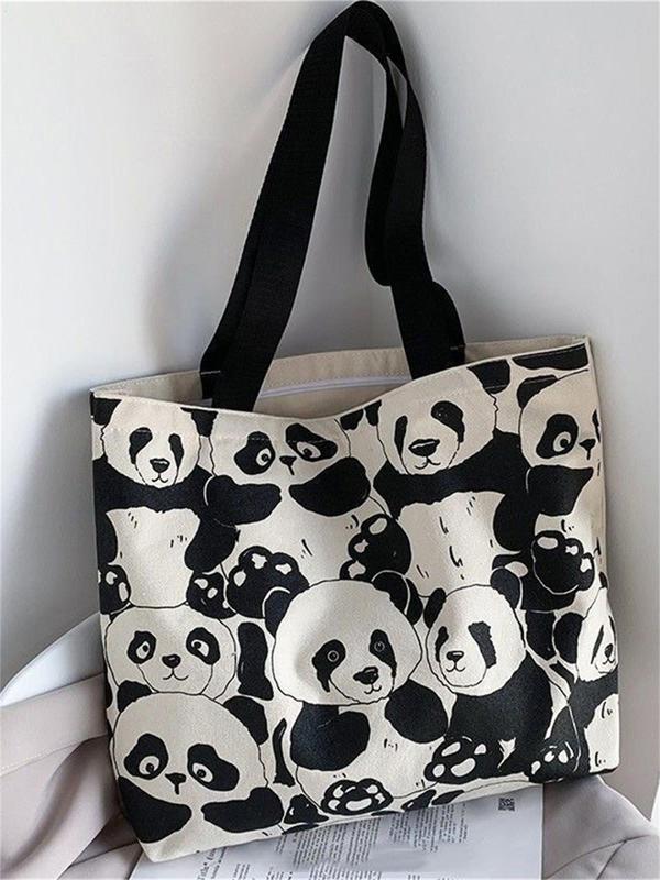 Cute Panda Pattern Canvas Tote Bag, Fashionable Casual Zipper Shoulder Bag for Women & Girls, Trendy All-match Bag for Daily Use Birthday Gift