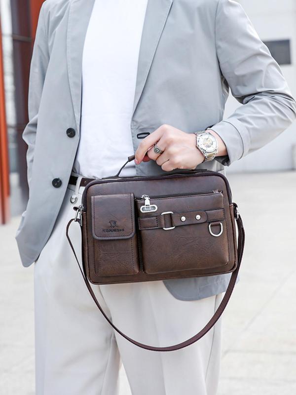 Men's Casual Solid Color Zipper Crossbody Bag, Business Style PU Leather Shoulder Bag for Work & Daily Used, Casual Trendy Versatile High-quality Daily Commuting Bag
