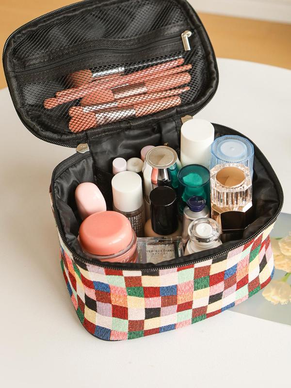 Women's Cute Plaid Pattern Makeup Bag, Minimalist Portable Cosmetic Storage Bag, Trendy Large Capacity Travel Makeup Bag for Women & Girls