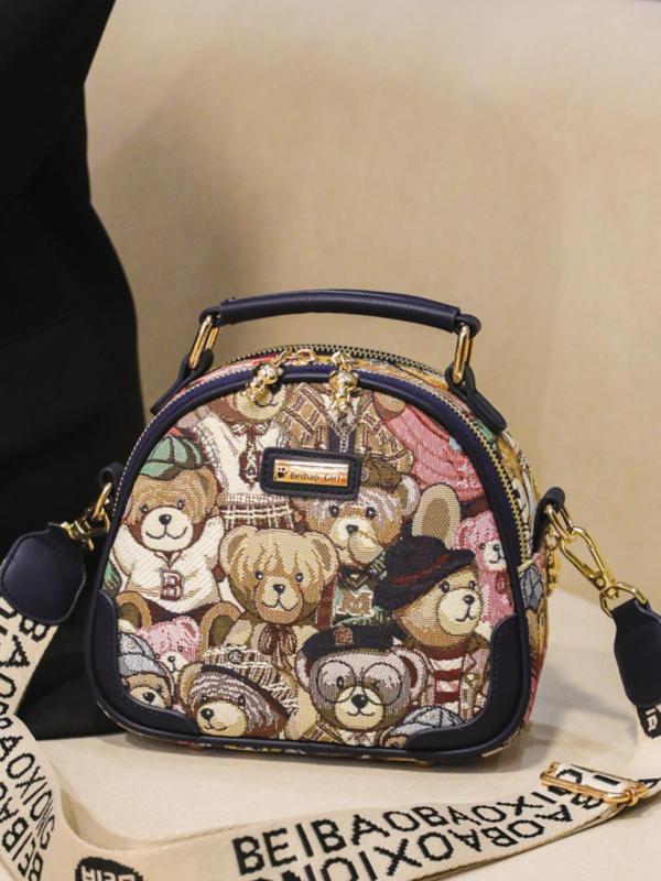 Women's Cute Cartoon Bear Pattern Crossbody Bag with Letters Pattern Strap,  Trendy Zipper Handbag for Daily Use, Casual Versatile Work Bag for Women & Girls