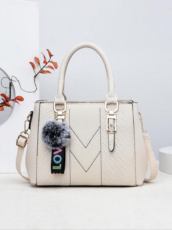 Women's 2024 PU Leather Plain Zipper Tote Bag, with Pom Pom Charm & Colorful Letters Wide Band, Retro Fashion Adjustable Strap Shoulder Bag