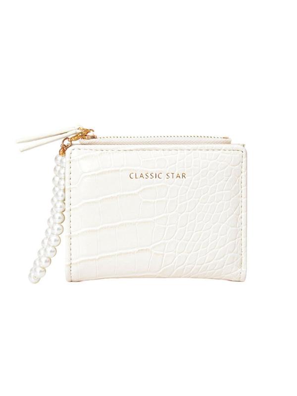 Women's Fashionable Faux Pearl Decor Crocodile Embossed Card Holder, Casual Versatile Zipper Short Wallet, Trendy All-match Bag for Daily Use