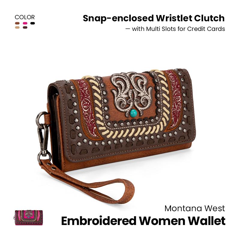 Montana West [MegaLive] Embroidered Women Wallet Snap-enclosed Wristlet Clutch with Multi Slots for Credit Cards Suitable for Dating Banquet