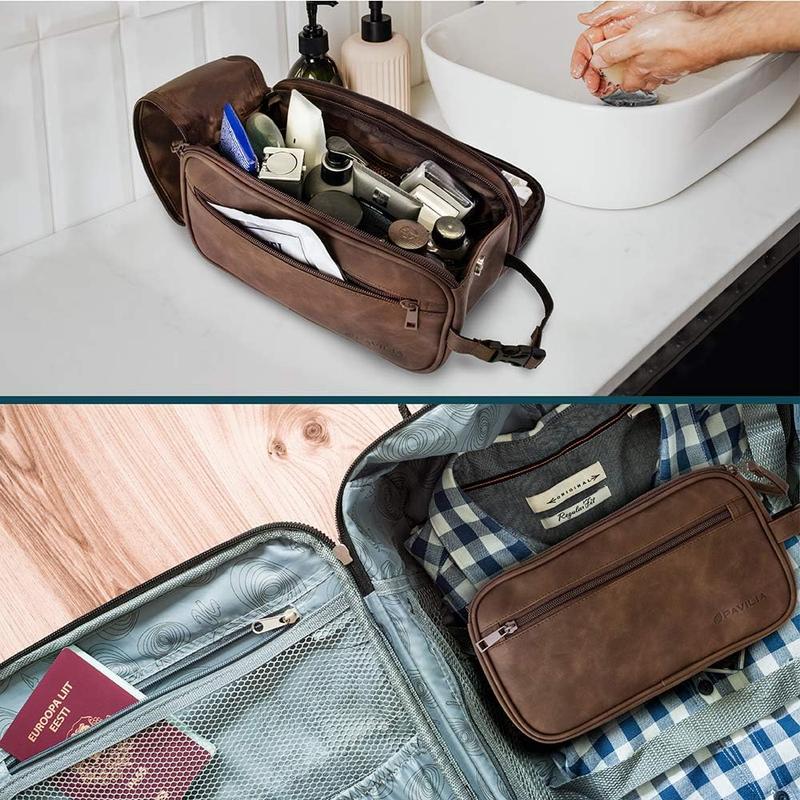 Toiletry Bag for Men, Travel Essentials Shaving Dopp Kit, Mens Travel Bag Toiletries Organizer Case for Grooming, PU Leather Water Resistant Cosmetic Bag Pouch (Dark Brown)