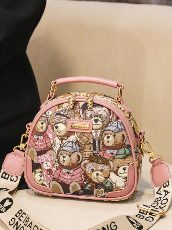 Women's Cute Cartoon Bear Pattern Crossbody Bag with Letters Pattern Strap,  Trendy Zipper Handbag for Daily Use, Casual Versatile Work Bag for Women & Girls