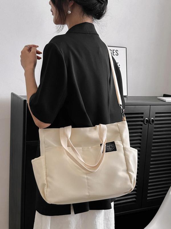 Women's Solid Color Patched Tote Bag With Adjustable Strap