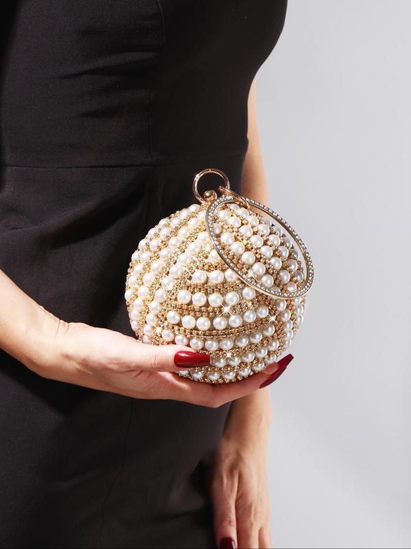 Women's Elegant Faux Pearl & Rhinestone Decorated Sphere Evening Bag, Exquisite Trendy Round Top Handle Handbag, Fashionable Bag for Party Decoration