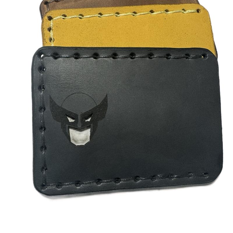 Hand made hand sewn leather cardholder wallet with face mask featuring Wolfman