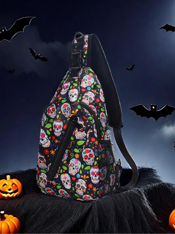 Skull Pattern Chest Bag, Casual Lightweight Large Capacity Multi-compartment Sling Bag, Fashionable Chest Bag for Daily Use As Halloween Gift