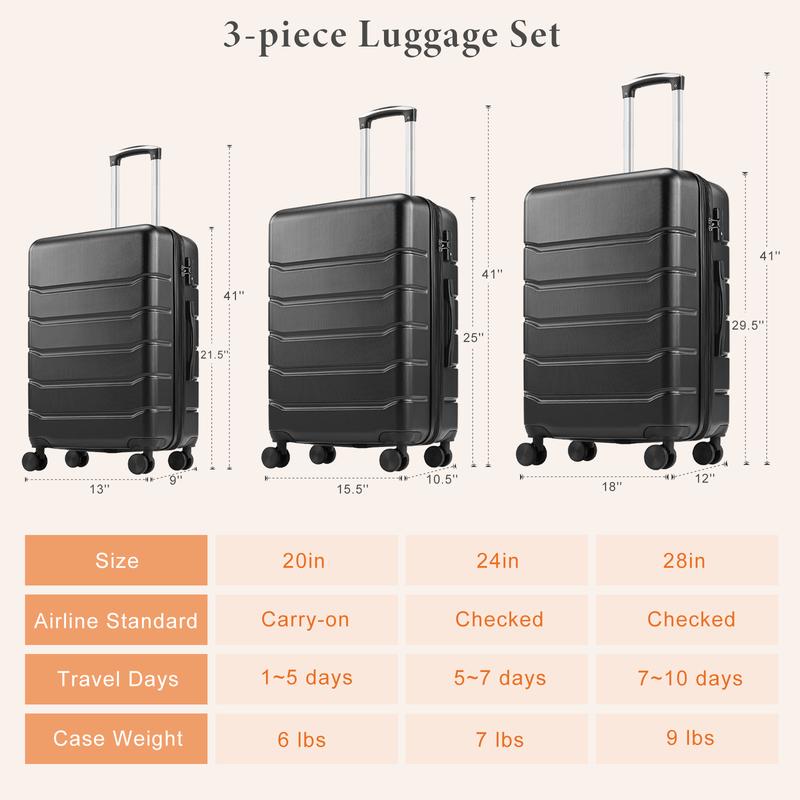 3 Pieces Luggage Set 20 24 28-inch, Hard Shell Rolling Suitcases for Travel Expandable Lightweight with Spinner Wheels 20 24 28-Inch Carry on Luggage, Expandable luggage sets with Spinner Wheels & Built-in TSA Lock, Lightweight Suitcase for Trave TSA Lock