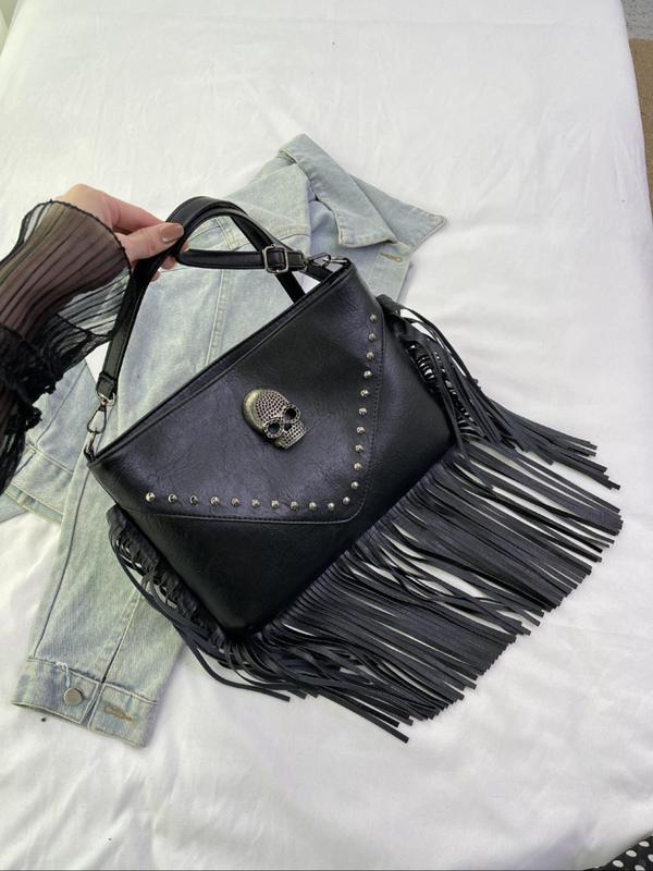 Women's Fashion Rivet & Tassel Decorated Crossbody Bag, Casual Skull Decor Crossbody Bag for Daily Used, Trendy Versatile High-quality Daily Commuting Bag