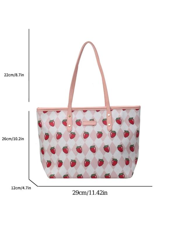 Strawberry Pattern Tote Bag, Large Capacity Shoulder Bag for Women & Girls, Pu Leather Daily Commuting Bag, Girl Fashionable Shopping Bag