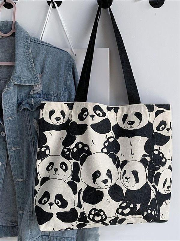 Cute Panda Pattern Canvas Tote Bag, Fashionable Casual Zipper Shoulder Bag for Women & Girls, Trendy All-match Bag for Daily Use Birthday Gift