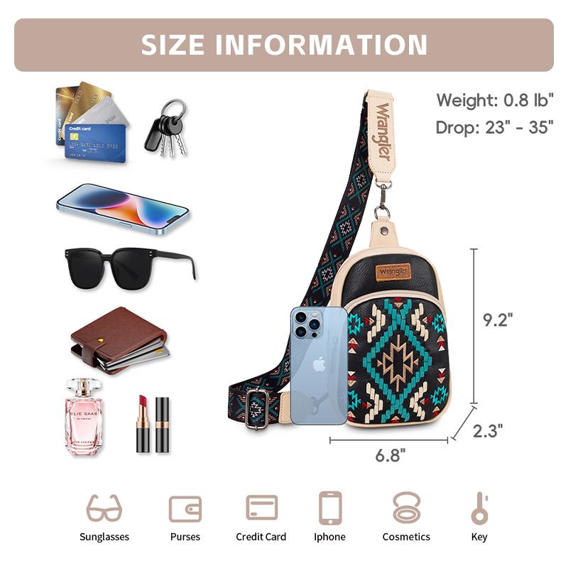 Wrangler Southwestern Pattern Embroidered Crossbody Sling Bag Travel Purse for Outdoors Hiking