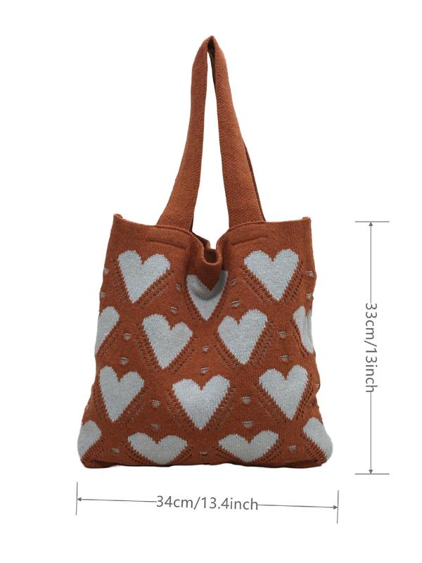 Women's Colorblock Heart Pattern Tote Bag, Fashionable Braid Design Shoulder Beach Bag for Daily Use