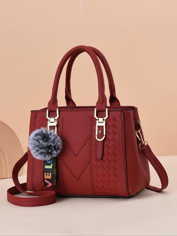 Women's 2024 PU Leather Plain Zipper Tote Bag, with Pom Pom Charm & Colorful Letters Wide Band, Retro Fashion Adjustable Strap Shoulder Bag