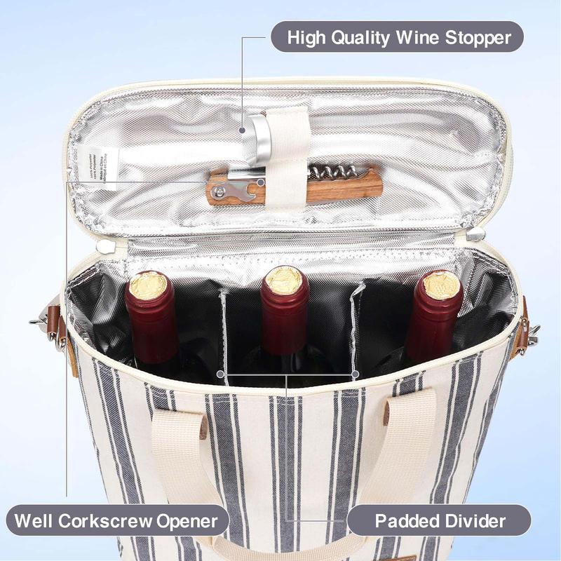 3 Bottle Wine Tote Carrier, Insulated Waxed Canvas Padded Wine Cooler Bag for Travel, Party, Beach, Weeding, Best Gift for Wine Lover, (Double Stripe)