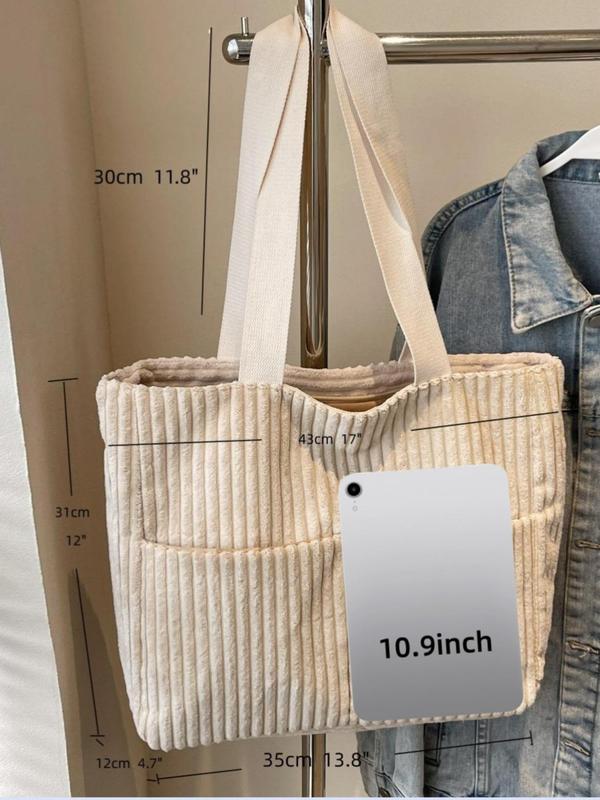 Women's Solid Color Corduroy Tote Bag, Casual Large Capacity Shoulder Bag for Daily Used, Trendy All-match Bag for Commuters and Students