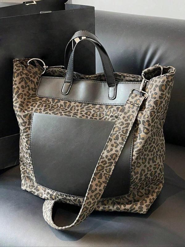 Women's Fashion Leopard Print Tote Bag, Casual Versatile Zipper Shoulder Bag for Daily Used, Trendy All-match Bag for Commuters and Students